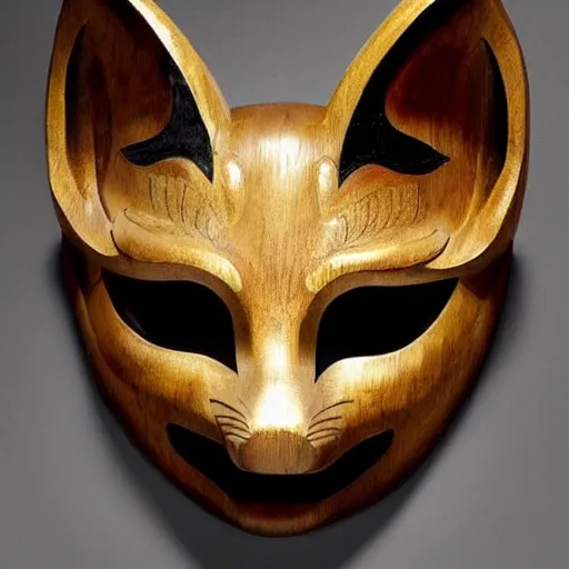 Prompt: a beautiful kitsune mask carved in wood with some gold leaf accents, made by tiffany & co