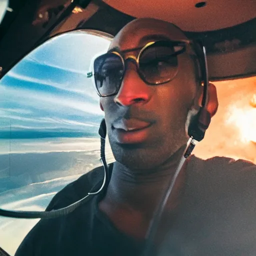 Image similar to selfie of kobe bryant holding a giant cigarette in a helicopter filled with smoke, 8k resolution, hyper detailed, shot in the air