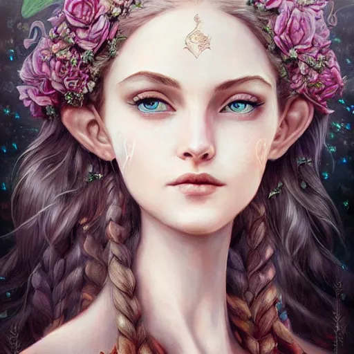 Image similar to portrait of beautiful elvish goddess , 8k, highly detailed, sharp, realistic, in style of Anna Dittmann