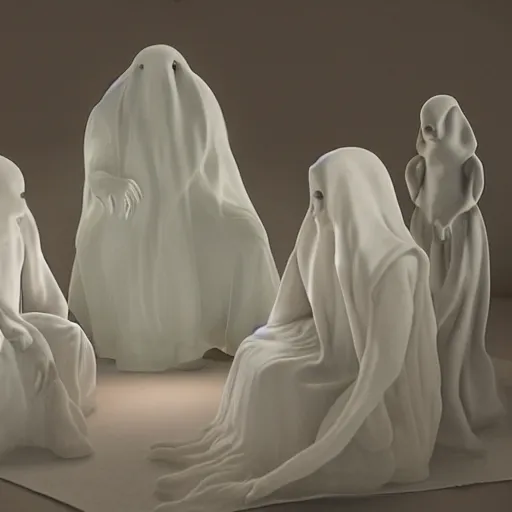 Prompt: ceramic sculptures, soft 3d render, diffused lighting, ghostly casper the ghost meeting in the basement with a group of girls doing a seance, artwork by shary boyle