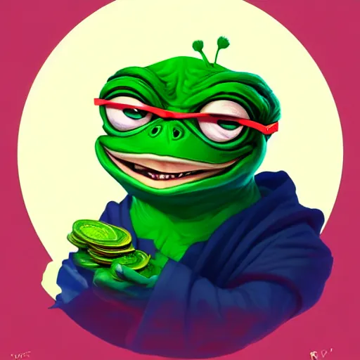 Image similar to super rich happy pepe, luxury, treasury, coins, money, hyper detalied, blue crystals, greg rutkowski, artstation