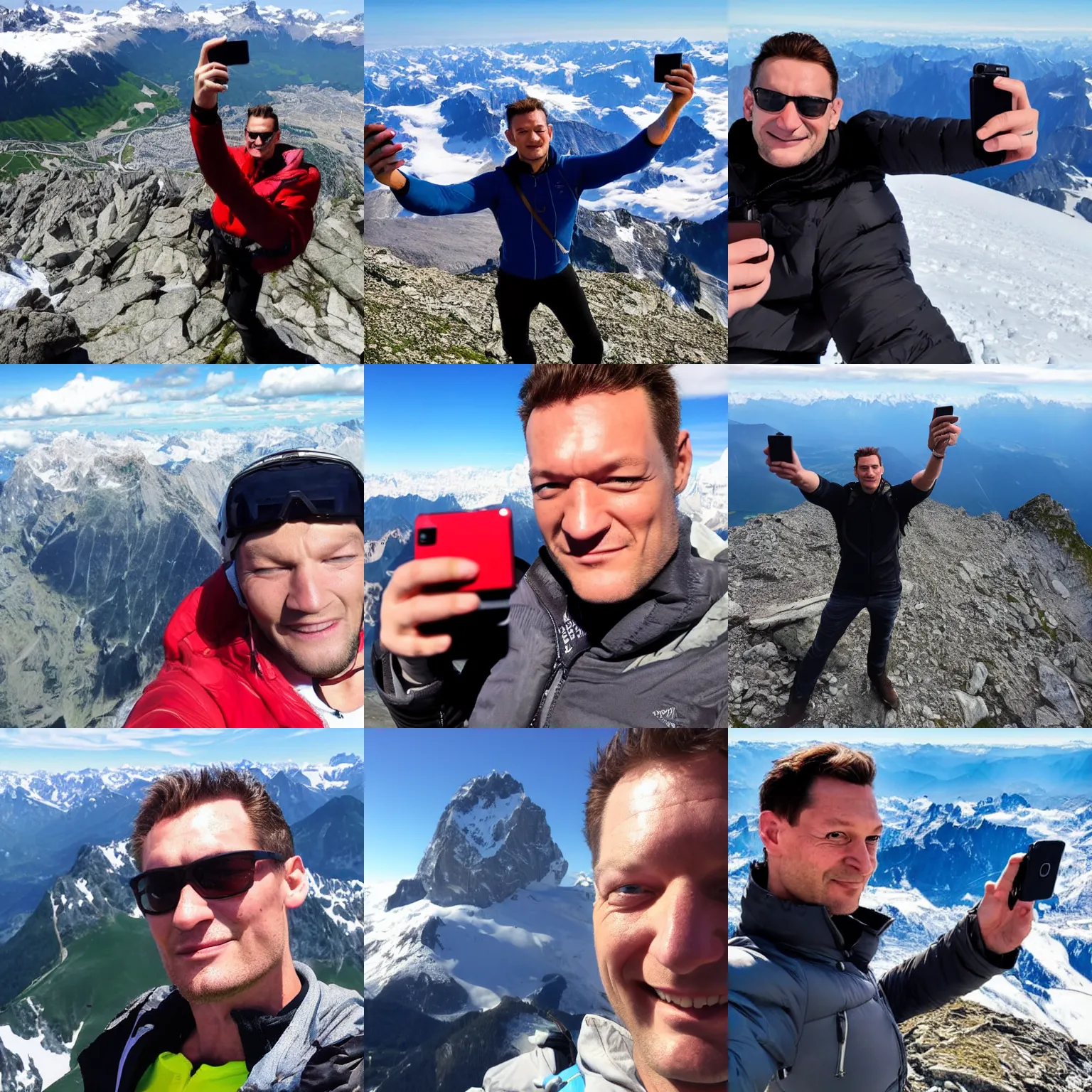 Prompt: Markus Söder taking a selfie on top of the alps