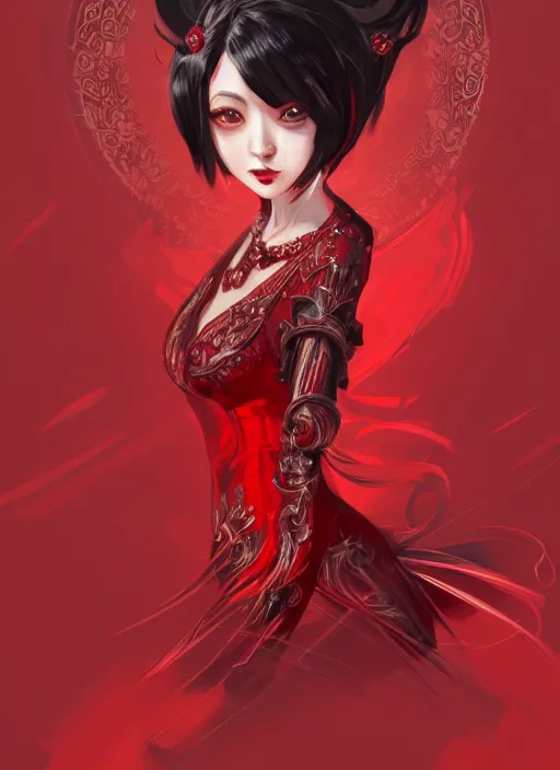 Image similar to a highly detailed illustration of hime cut black haired woman wearing red dress, dramatic smiling pose, intricate, elegant, highly detailed, centered, digital painting, artstation, concept art, smooth, sharp focus, league of legends concept art, wlop