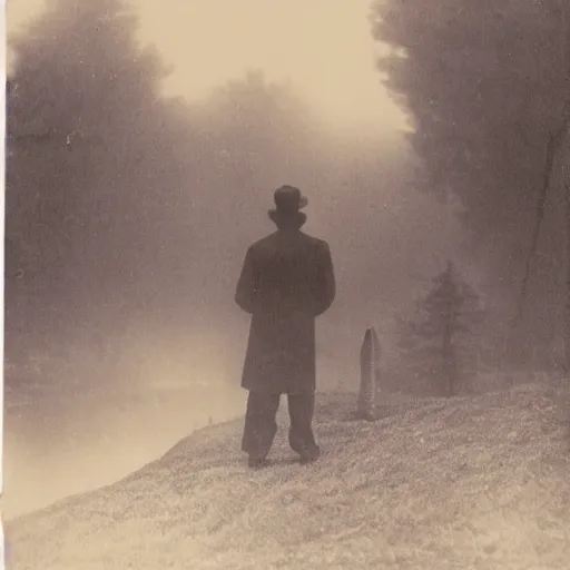 Prompt: a soul looking at his grave, night, fog, 1 9 0 0's photo