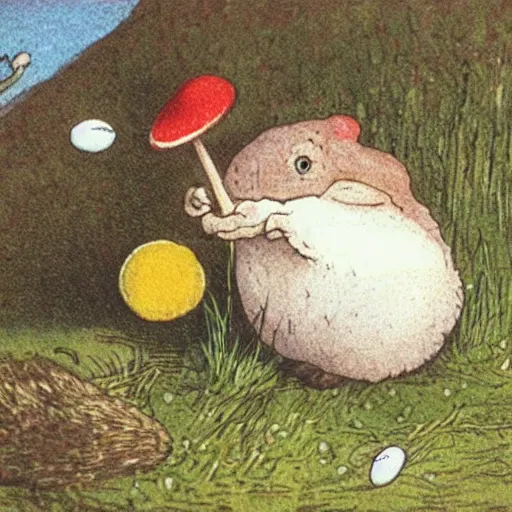 Image similar to toadstool with a ( fried eggs )!! cap. illustration by beatrix potter