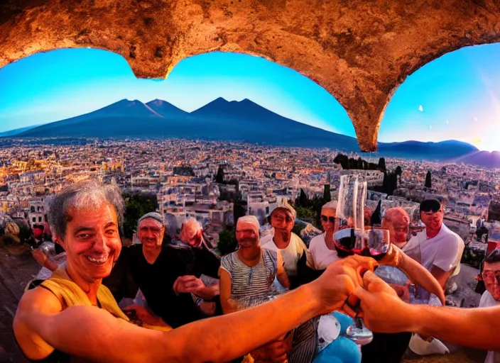 Image similar to old photo of greeks wich drink wine and have fun against the backdrop of mount vesuvius starting to erupt, photo by hunter thompson, fisheye 4, 5 mm, diffused backlight