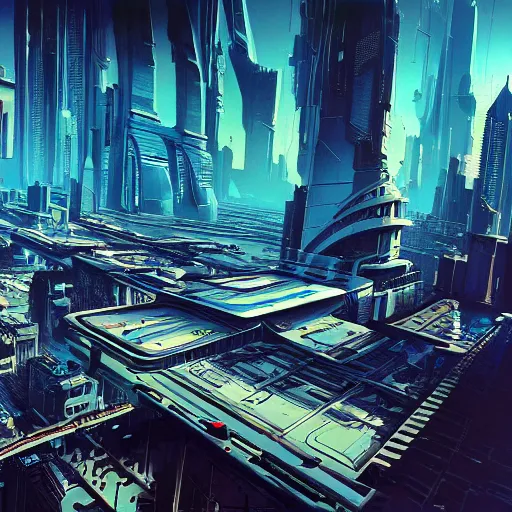 Prompt: aerial view of futuristic cyberpunk city, daylight, blue sky, cinematic lighting, blue sky, syd mead, john harris