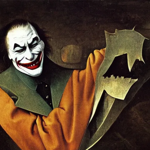 Image similar to portrait of the joker, joker is laughing, drama, chaos matte painting by hieronymus bosch and zidislaw beksinsky