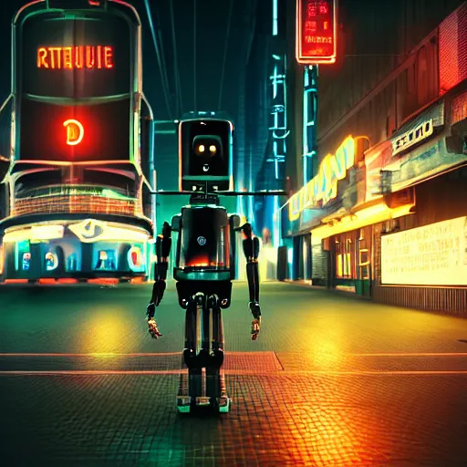 Image similar to robot walking the streets of thriving futuristic cyberpunk city at night, lit by the neon signs and streetlights, 3d, Unreal Engine, octane render, ray tracing, Unity, highly detailed, high quality, HD, 4k, 8k, realistic, sharp, no blur, edited, corrected, trending