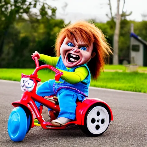 Image similar to cute screaming chucky doll riding a tricycle