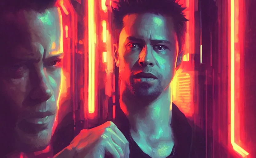 Image similar to portrait of Tyler Durden in cyberpunk, neon lighting, night city, digital art from artstation by Ruan Jia and Mandy Jurgens and Artgerm and william-adolphe bouguereau and Greg Rutkowski and Wayne Barlowe