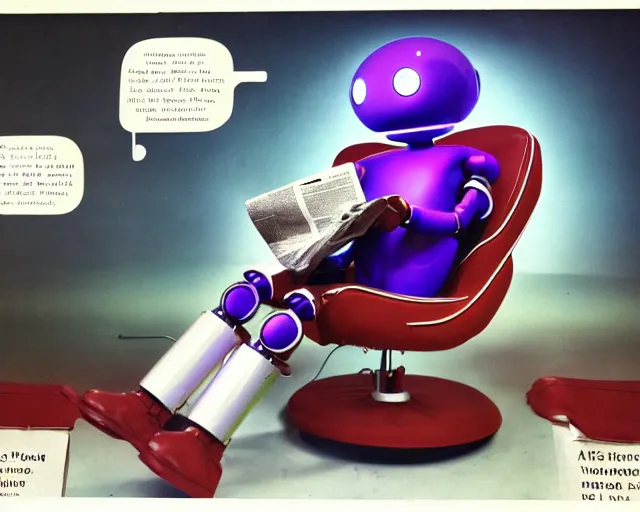 Image similar to Against a white cyc (white cyclorama backdrop) futuristic studious matte brown and red and chrome full-body humanoid robot with two huge round expressive sad purple glowing LED eyes and open rectangular mouth sitting on a large comfortable cushioned 1950s vintage recliner reading a newspaper. open newspaper. full shot Cinematic Movie Photograph, Arri Alexa, Extremely Detailed, smooth, very very clean, white cyc, white background, 8K, octane render, maya render, unreal engine, trending on artstation, DSLR, excellent composition, center frame