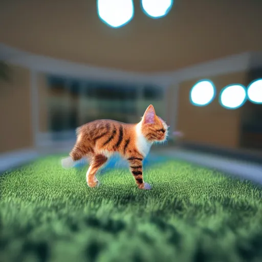 Prompt: 3 d render of an energetic cat bokeh tilt shift motion blur telephoto lens wide angle fish - eye