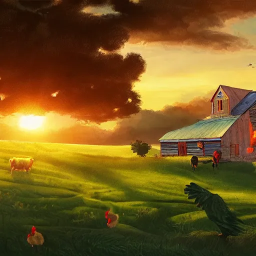 Prompt: sun rising over a farmhouse with a sleeping cow and a rooster crowing, concept art, illustrated, highly detailed, high quality, bright colors, optimistic,