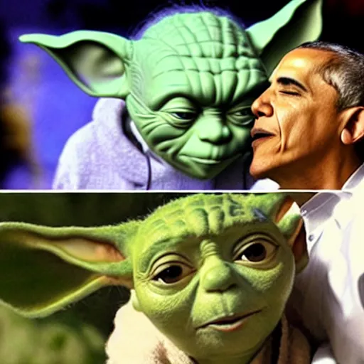 Prompt: obama and yoda kissing with tongue at sunrise