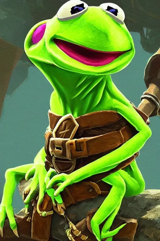 Image similar to an in game portrait of kermit from the legend of zelda breath of the wild, breath of the wild art style.