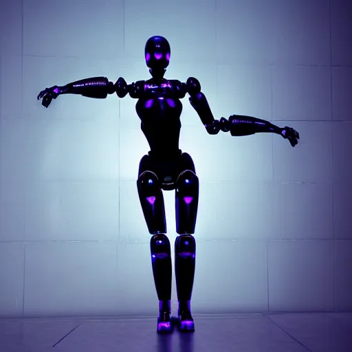 Prompt: Epic masterpiece of a female android robot inspired by ghost in the shell, full body shot, 8k, iridescant colors.