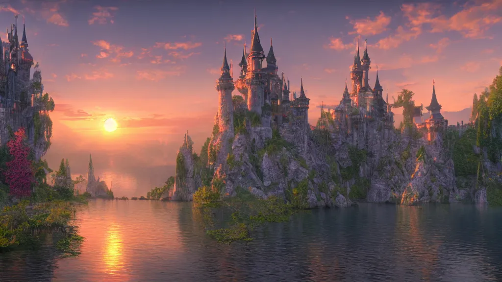 Image similar to fantasy castle with lake in sunset, fantasy artwork, very very very beautiful scenery, hd, hdr, ue5, ue6, unreal engine 5, cinematic 4k wallpaper, 8k, ultra detailed, high resolution, artstation, award winning