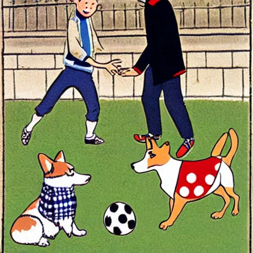 Image similar to book illustration of a french boy on the streets of paris playing football against a corgi, the dog is wearing a polka dot scarf, 1 9 6 6