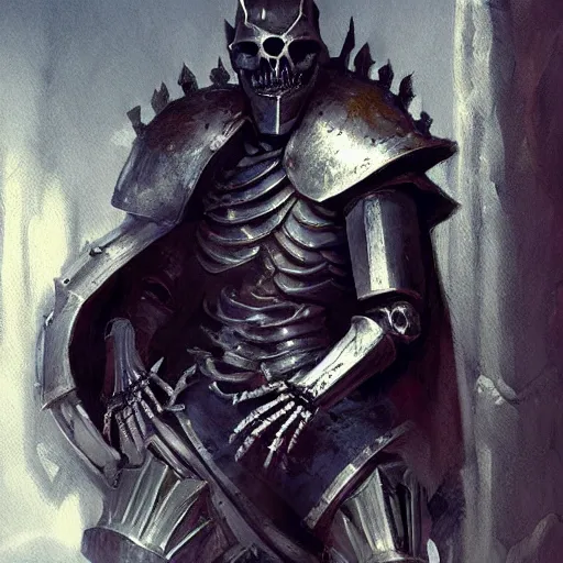 Image similar to Skeleton King wearing plate armour, resting on his throne, oil painting, by Fernanda Suarez and Greg Rutkowski