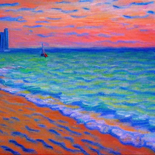 Prompt: a painting of a beautiful beach in Miami, trending on artstation, masterpiece, in the style of Claude Monet