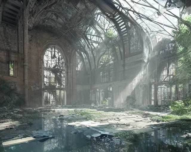 Image similar to In the midst of a densely overgrown ruin, a large space with sunlight filtering through the broken windows, a high ceiling, a vast floor, flooded with crystal clear water, gorgeous, trending on Artstation, digital art