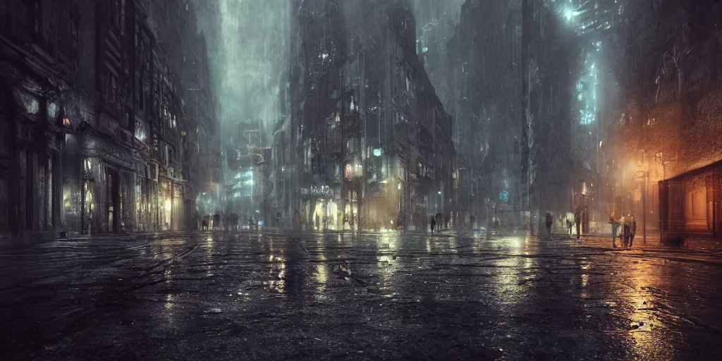 Image similar to a cold and melancholic city in a dark cavern, rainy and gloomy atmosphere, fantasy digital art, octane render, beautiful composition, trending on artstation, award - winning photograph, masterpiece