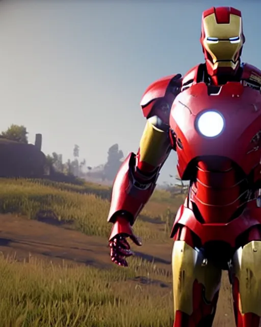 Image similar to robust and bulky iron man suit in red dead redemption 2, cinematic, photorealistic