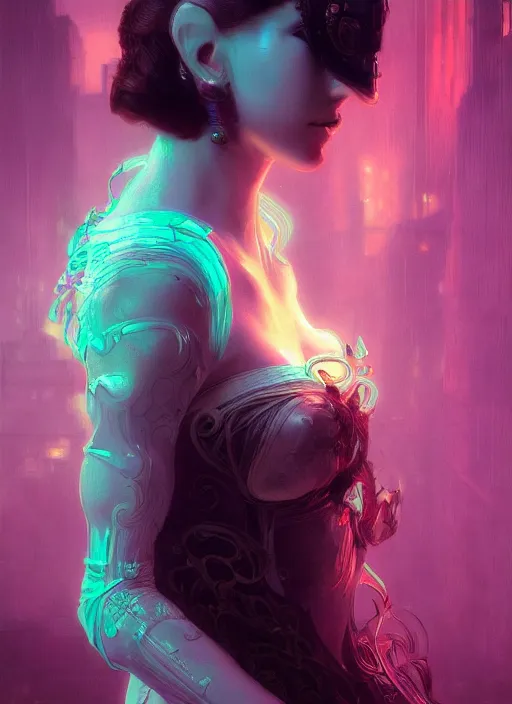 Image similar to a beautiful woman wearing a venetian mask, intricate concept art, ethereal, elegant, highly detailed, artstation, smooth, cyberpunk darksynth, cinematic, opalescent mist, dramatic lighting, illuminated glowing lines, outrun, neon vaporware, by ruan jia and ilya kuvshinov and craig mullins and alphonse mucha