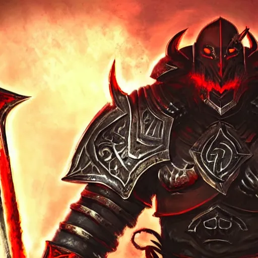 Prompt: Ares the god of war with heavy armor and sword, heavy knight helmet, dark sword in Ares's hand, war theme, bloodbath battlefield background, fiery battle coloring, hearthstone art style, epic fantasy style art, fantasy epic digital art, epic fantasy card game art