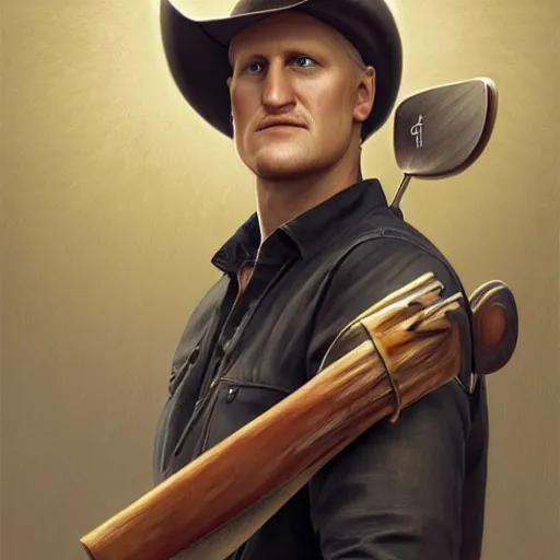 Image similar to portrait painting of woody harrelson, with a cowboy hat and bloody golf club, ultra realistic, concept art, intricate details, eerie, highly detailed, photorealistic, octane render, 8 k, unreal engine. art by artgerm and greg rutkowski and alphonse mucha