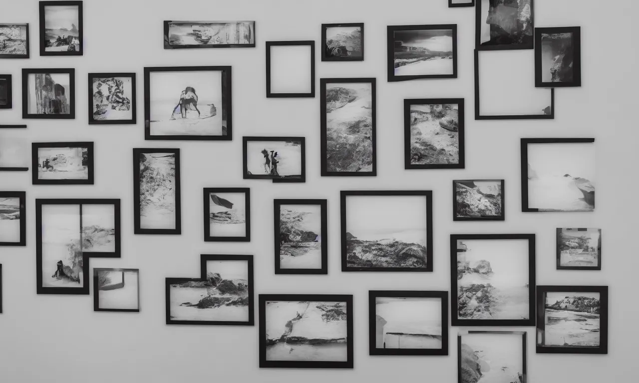 Prompt: empty photo frames on a gallery wall during the night time, beautiful volumetric lighting, smooth, sharp focus, 8K