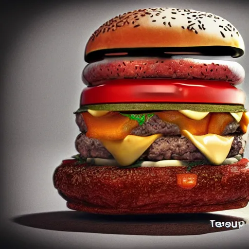 Image similar to burger with teeths haunts you for the rest of your life, horror, blood, creepy burger, 8 k, realistic, hdr, clear image,