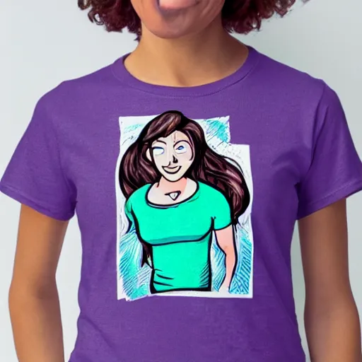 Prompt: a purple t-shirt with a cartoon woman's face