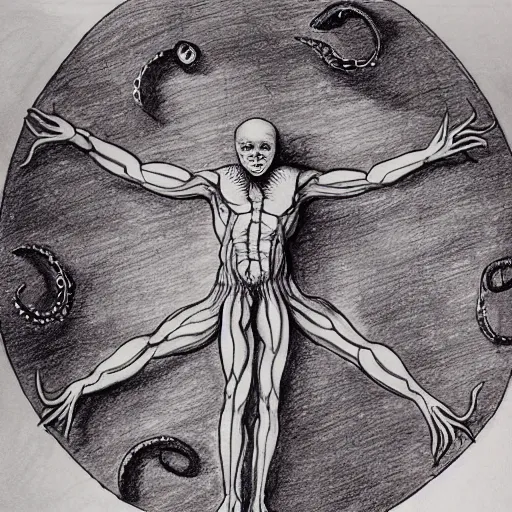 Image similar to drawing of octopus in style of Vitruvian Man by Leonardo da Vinci