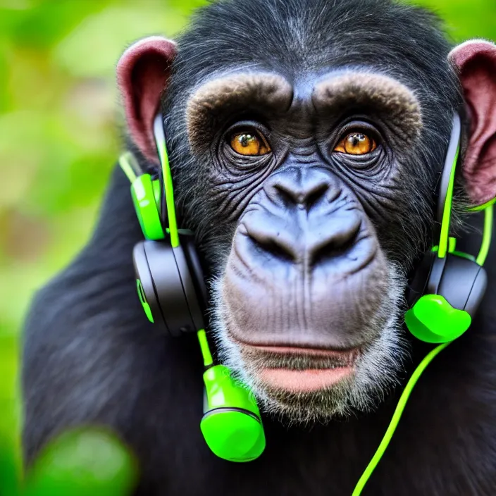 Image similar to a high quality photo of a green chimp wearing headphones, realism, 8k