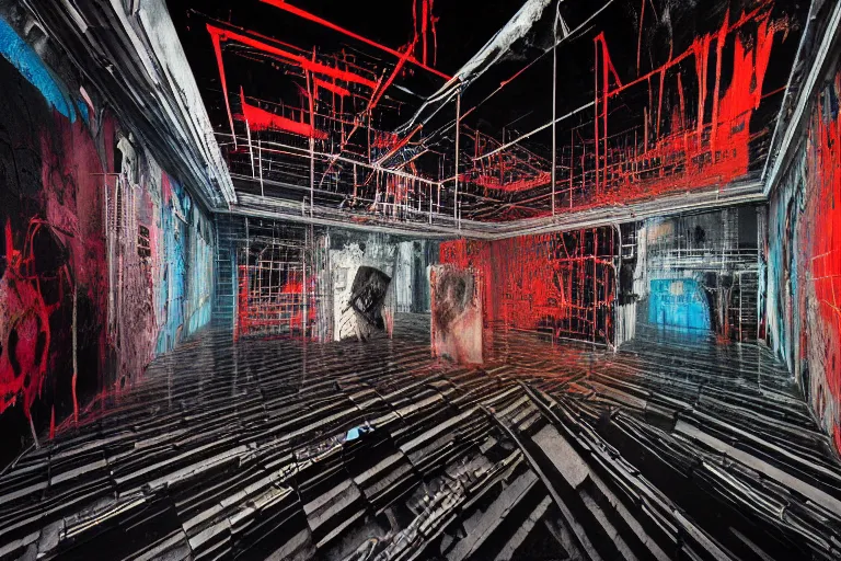 Image similar to the inside of a symmetrical hellish dungeon, multilayer glitch effect in spatial perceptron synapses, matte painting, 4 k, epic composition, volumetric light, abstract illusionism, by robert rauschenberg, konstantinas ciurlionis, jean - michel basquiat, pour paint, modern street art, grunge wall, industrial