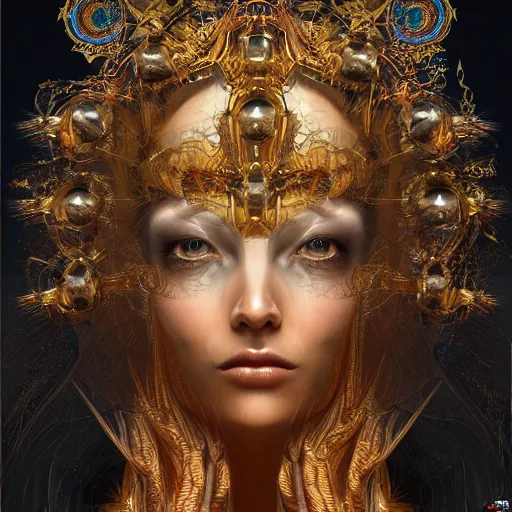 Image similar to a beautiful symmetrical head wearing a crown made of golden ornaments by alex gray and android jones , Karol Bak, Ayami Kojima, Amano , 3D, 8k resolution