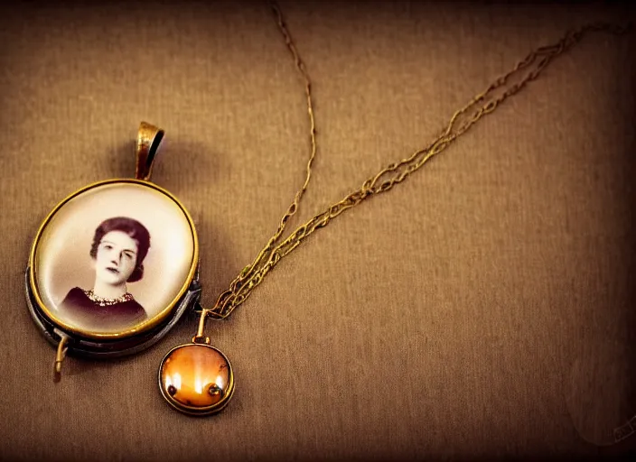 Image similar to old retro burnt out sepia photograph with scratches of a golden necklace with a hanging tiny slim open oval rusty golden locket pendant with a retro photo of an elegant and aesthetic woman royalty portrait. forest background with bokeh. Antique. High quality 8k. Intricate. Sony a7r iv 35mm. Award winning