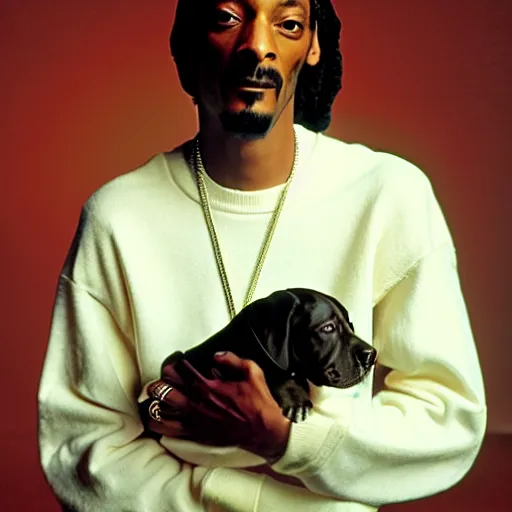 Prompt: Snoop Dogg holding a puppy pitbull for a 1990s sitcom tv show, Studio Photograph, portrait, C 12.0