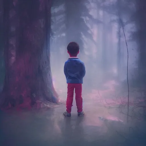 Image similar to a little boy lost in the magic woods, by elsa bleda, by ben enwonwu, by yanjun cheng, wide angle