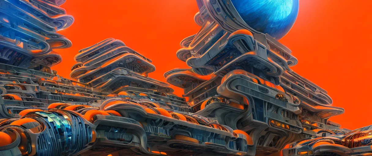 Prompt: hyperrealistic hyper detailed wide shot of neo-baroque futuristic colony with brutalist architecture and carnivorous plants matte painting concept art key sage jeff koons very dramatic orange and blue lighting high angle hd 8k sharp shallow depth of field