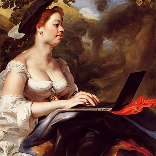 Prompt: heavenly summer sharp land sphere scallop well dressed lady working on her laptop auslese, by peter paul rubens and eugene delacroix and karol bak, hyperrealism, digital illustration, fauvist, laptop, laptop