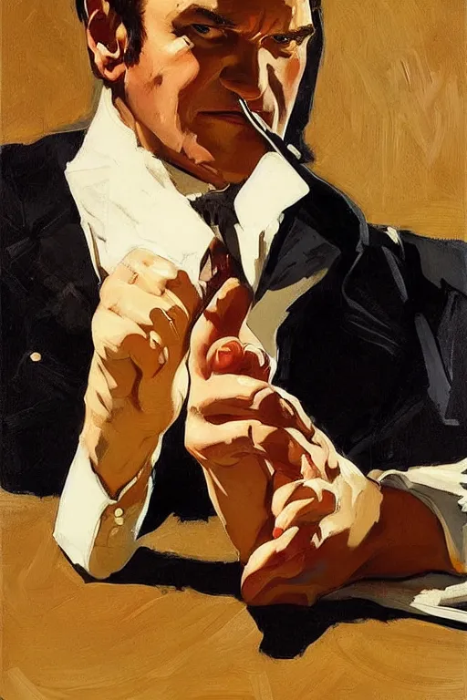 Prompt: quentin tarantino holding feet!!!, licking, painting by jc leyendecker!! phil hale!, angular, brush strokes, painterly, vintage, crisp