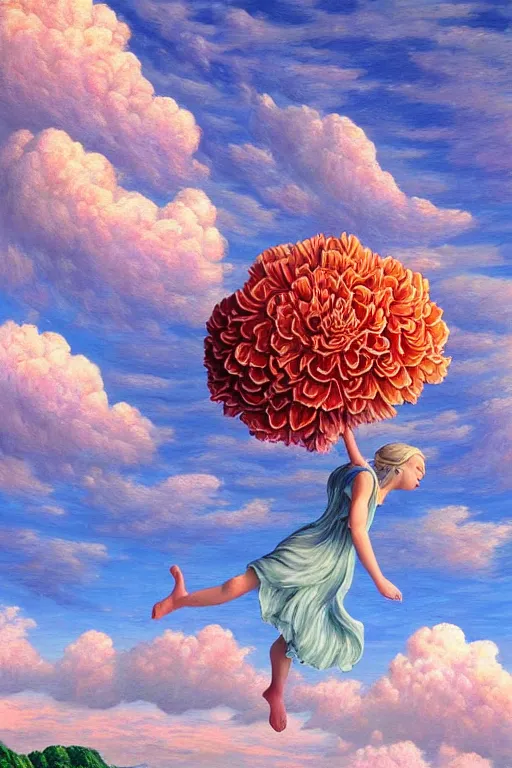 Image similar to closeup, giant carnation flower head, woman falling through clouds in sky, surreal, impressionist painting, digital painting, artstation, rob gonsalves