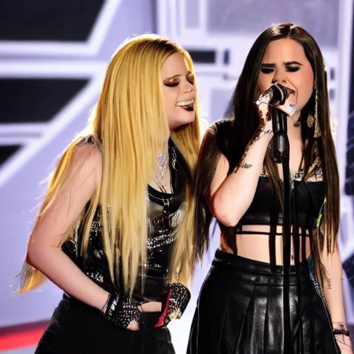 Prompt: Avril Lavigne and Demi Lovato preforming live on stage at the Grammys, high quality, HD, 4k, 8k