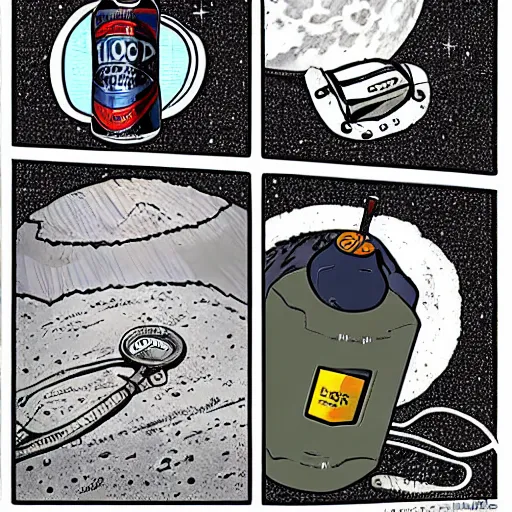 Image similar to a photo of an electric guitar headstock and a beer can on the moon. detailed. cartoon. comic