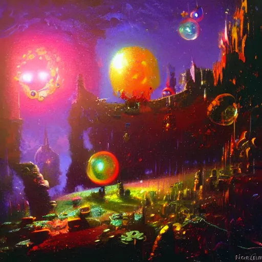 Prompt: a fantasy bubble world by Paul Lehr
