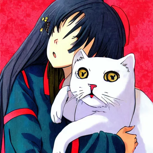 Prompt: a anime girl hugging a white cat in the style of waya steurbaut