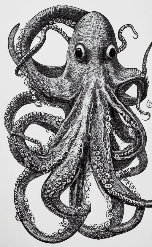 Prompt: highly detailed pencil illustration of octopus eating a burger, symmetrical, hd, trending, silk screen